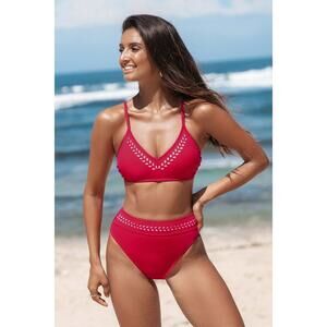 NEW CUPSHE Super Bloom V-Neck Bikini Top & Banded High-Waisted Bottoms Set L
